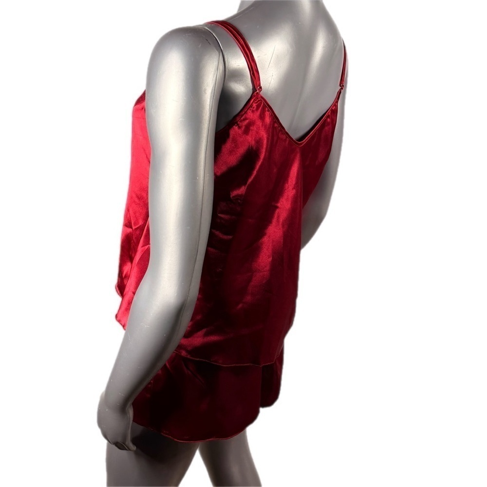 Red Satin Pajama Set with Lace Trim Adjustable Strap Top & Shorts - Picture 5 of 11